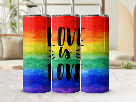 Rainbow watercolor tumblers with "LOVE IS LOVE" text.