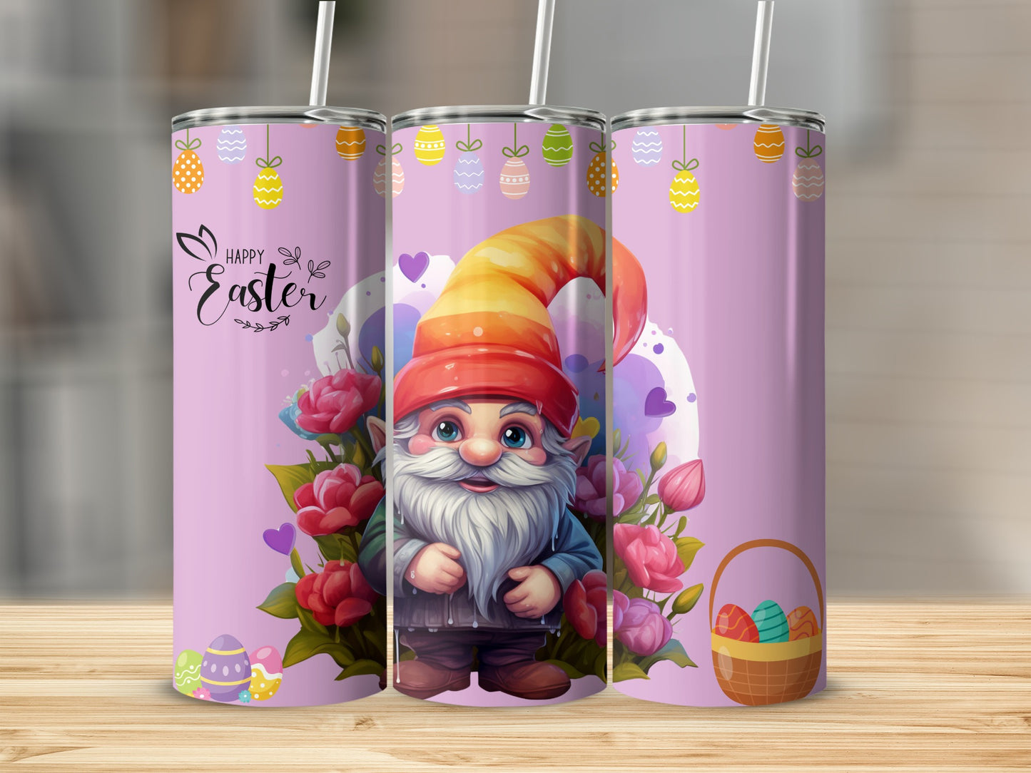 Happy Easter Gnome and Egg Decorated Tumbler Cup
