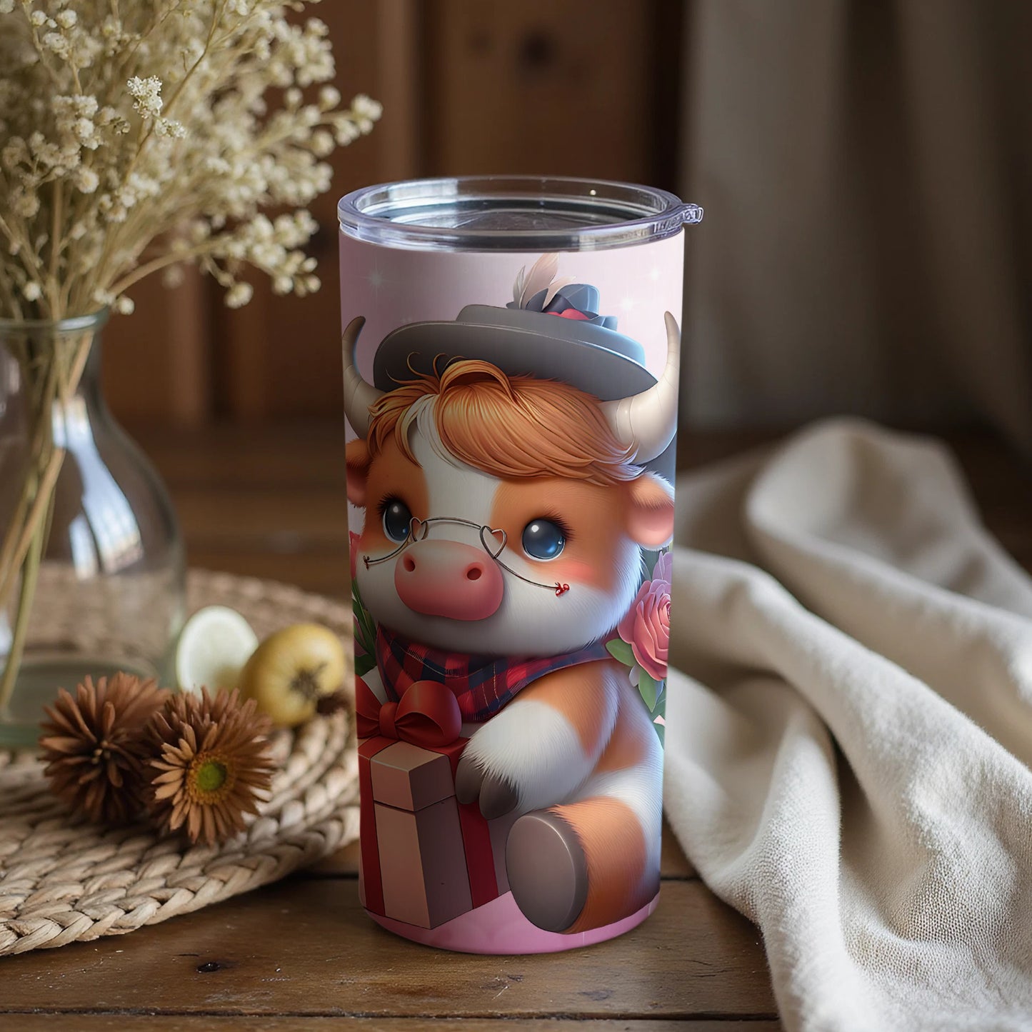 Cute Bull Drinking Glass with Gift and Flowers Design