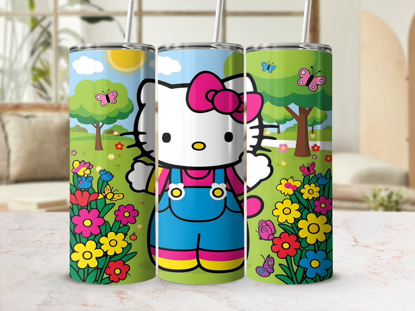 Hello Kitty in overalls surrounded by colorful flowers and butterflies.