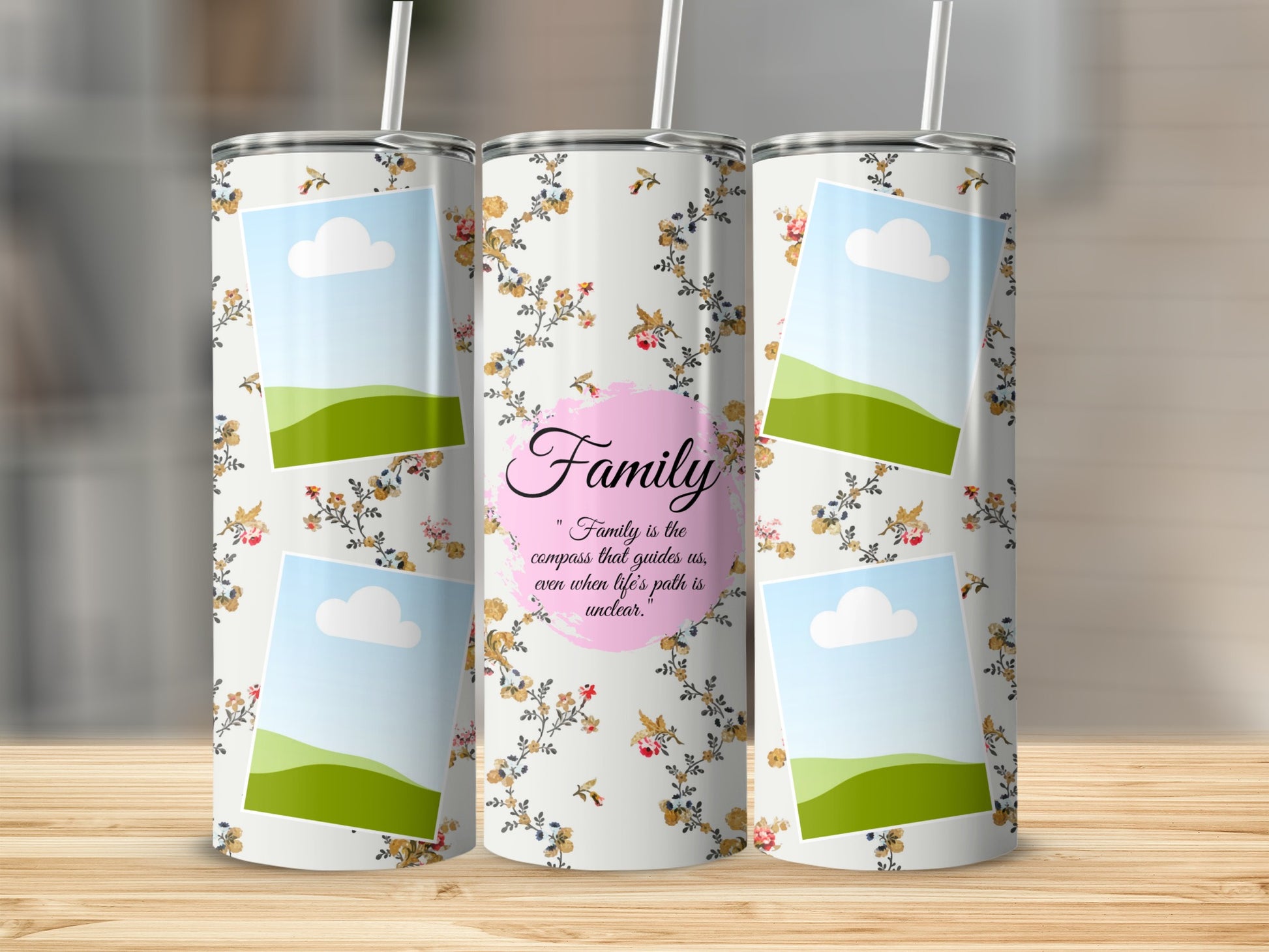 Tumbler with floral pattern, photo frames, and "Family" quote.