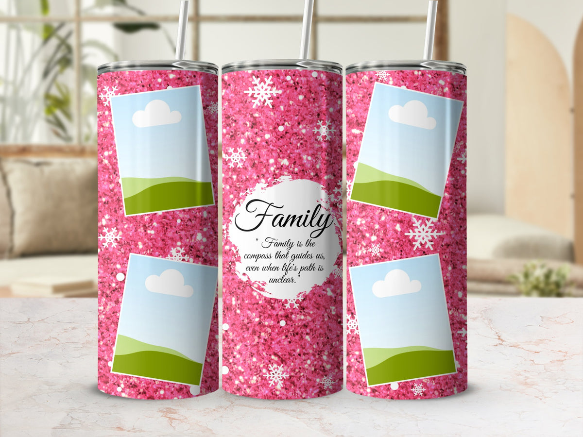 Pink glitter tumbler with snowflakes and "Family" quote and photo placeholders.