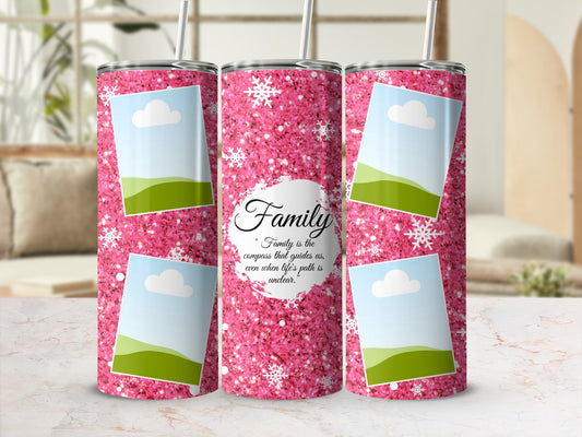 Pink glitter tumbler with snowflakes and "Family" quote and photo placeholders.