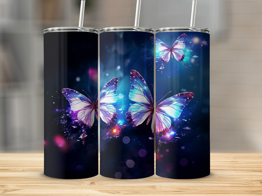Luminous Butterfly Pattern Dark Hues Tumbler product type
butterfly, luminous, glowing, vibrant, blue, purple, dark background, abstract design, bokeh effect, magical, ethereal, nature, insect, unique pattern, drinkware, insulated tumbler, beverage cup, gift idea, eye-catching, beautiful design