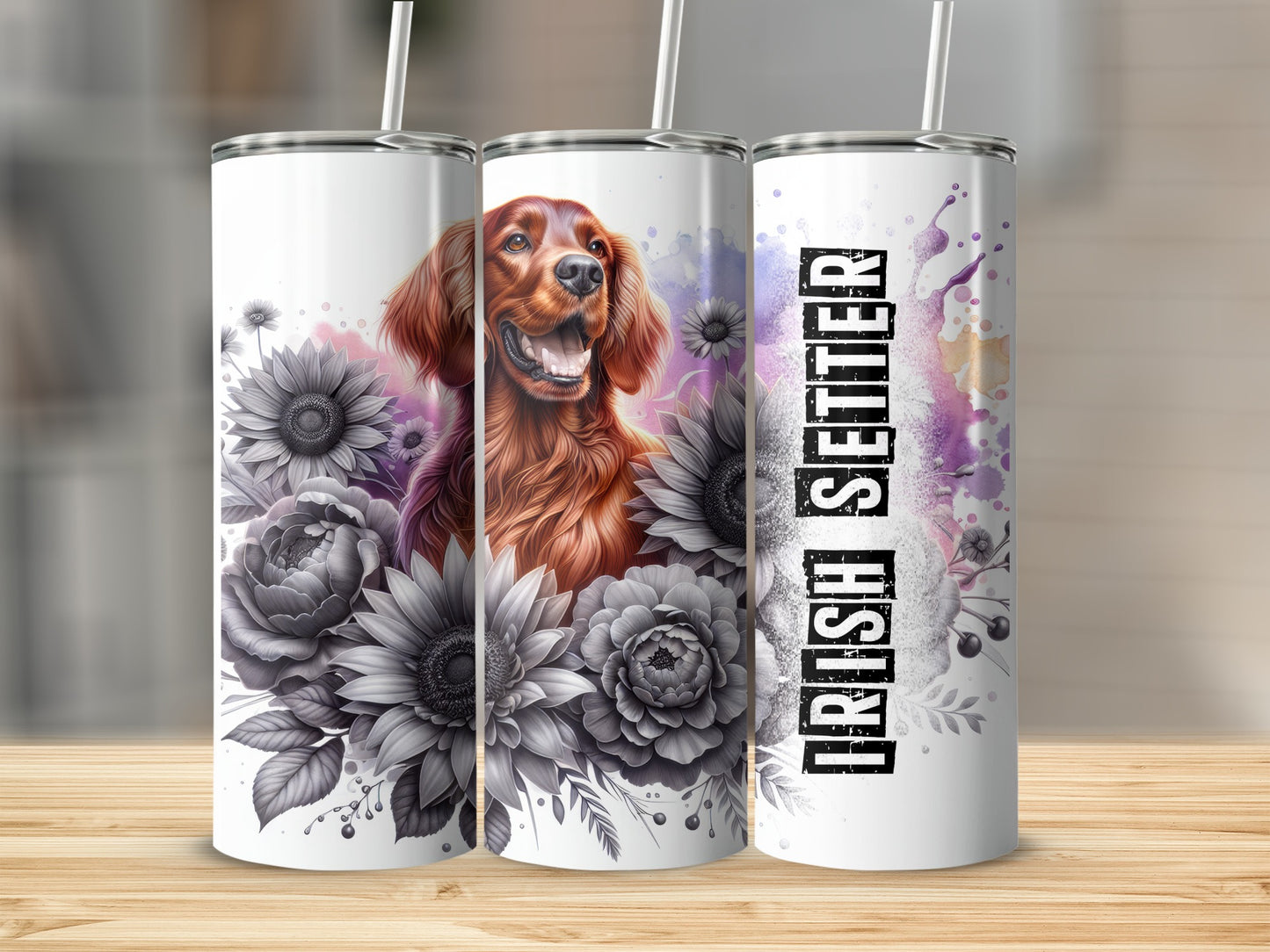 Irish Setter with sunflowers on a white tumbler.