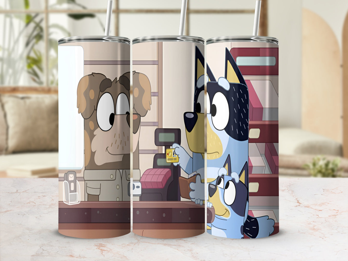 Bluey and Bingo at a cash register with a store clerk.