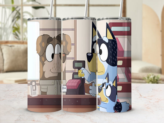 Bluey and Bingo at a cash register with a store clerk.