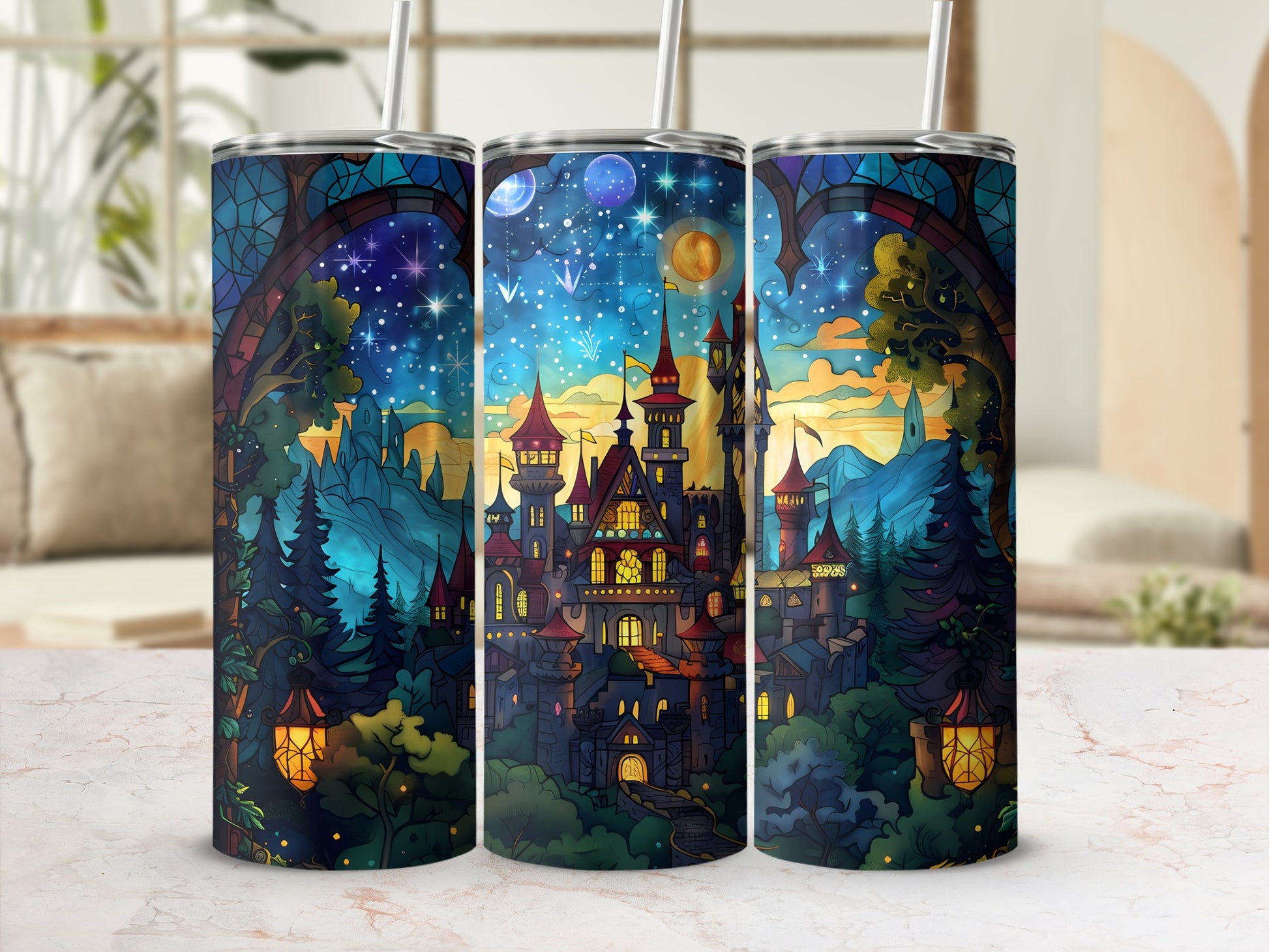 Three tumblers with a fantastical castle scene under a starry night sky.