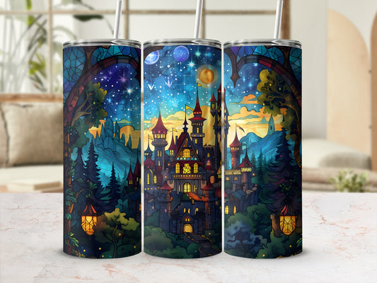Three tumblers with a fantastical castle scene under a starry night sky.