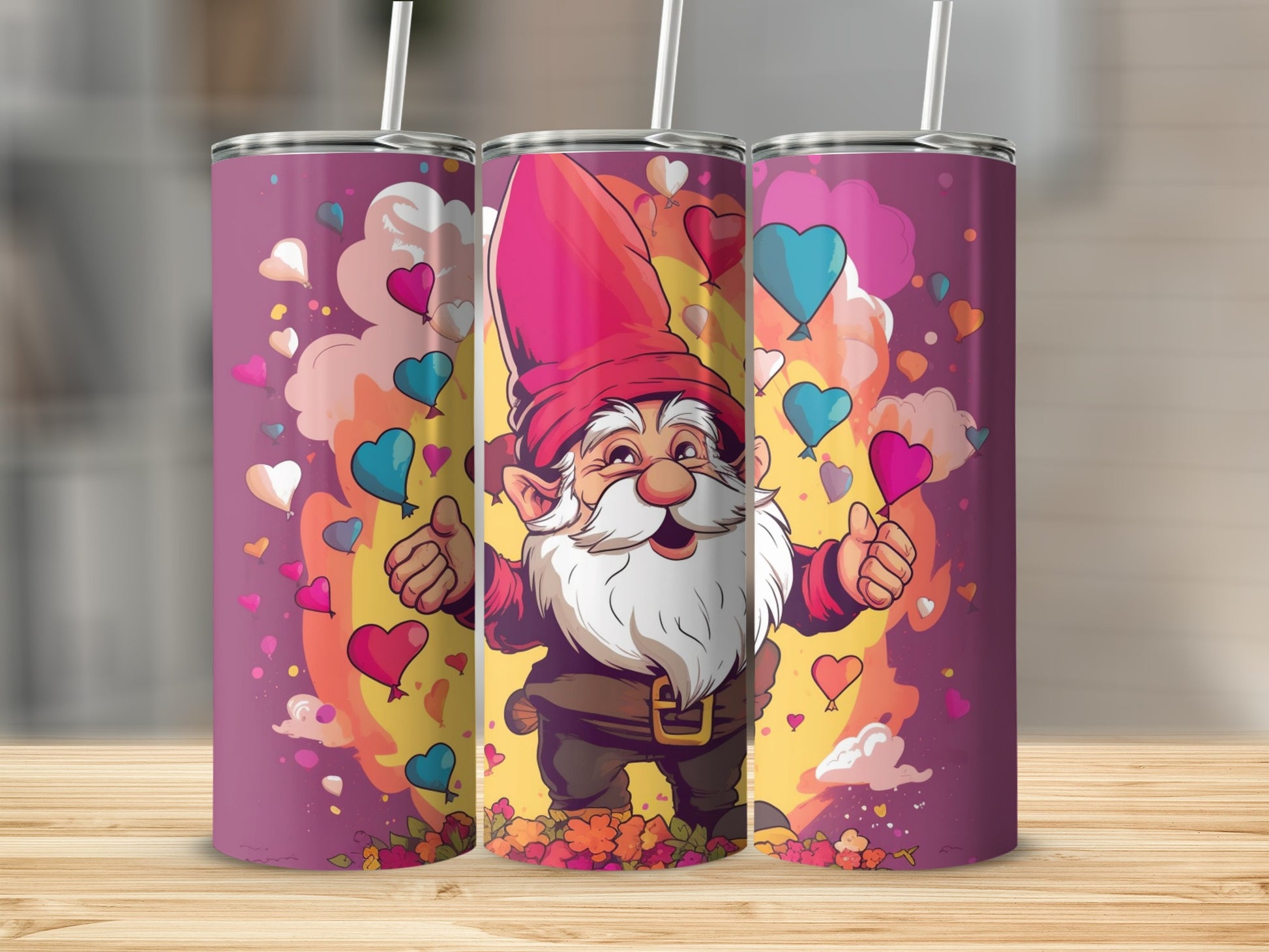 Colorful Hearts and Gnome Design Tumbler
