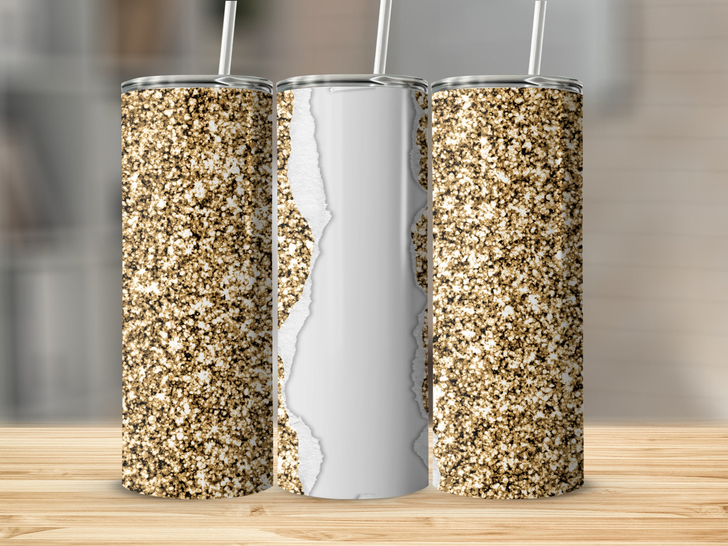 Gold glitter tumbler with torn white paper overlay.