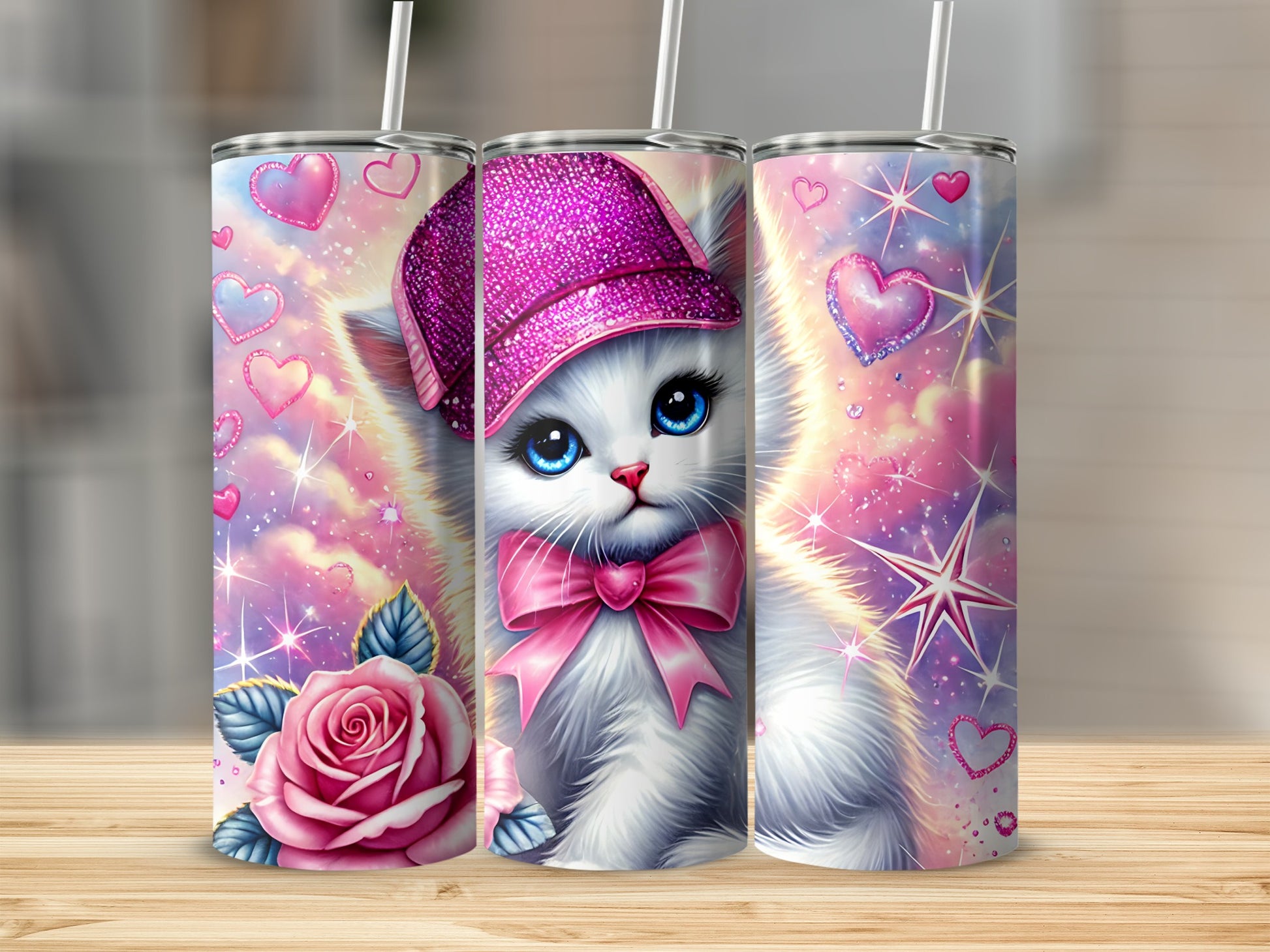 Cute white kitten in a pink hat with a pink bow, surrounded by hearts and stars.