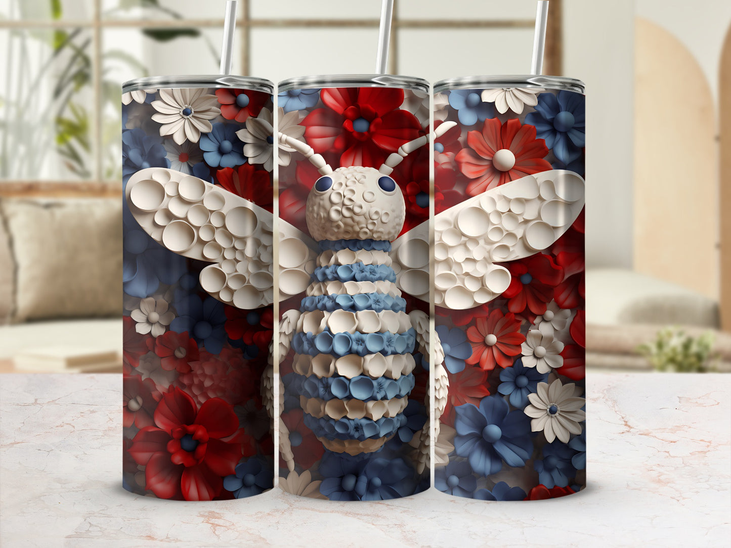 Bee tumbler with red and blue floral background.