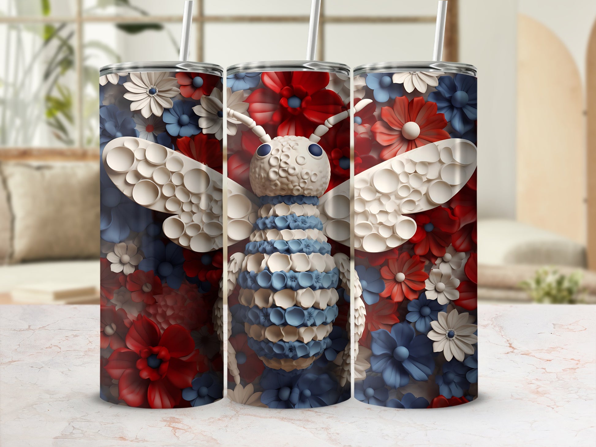 Bee tumbler with red and blue floral background.