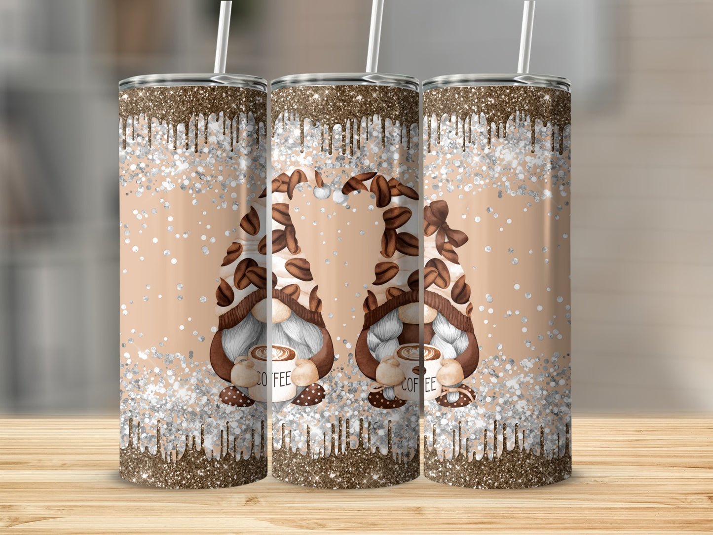 Three gnome tumblers with coffee bean hats and glitter accents.