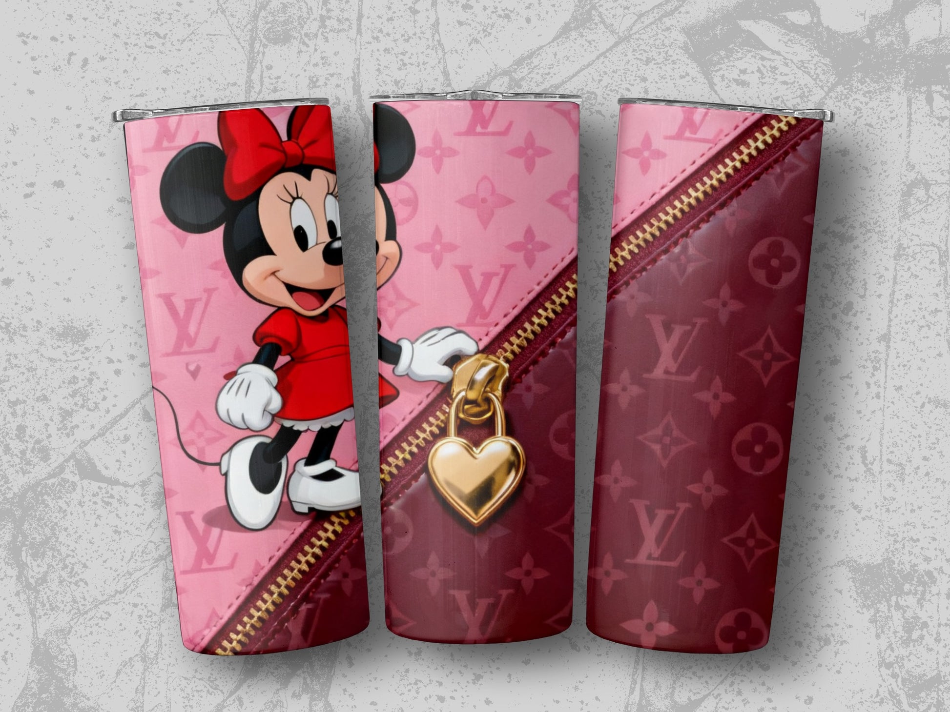 Minnie Mouse with Louis Vuitton pattern tumbler, gold heart zipper detail.