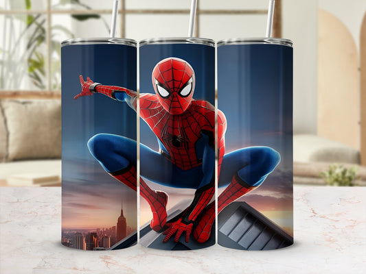 Spider-Man crouches on a rooftop, city skyline in background.