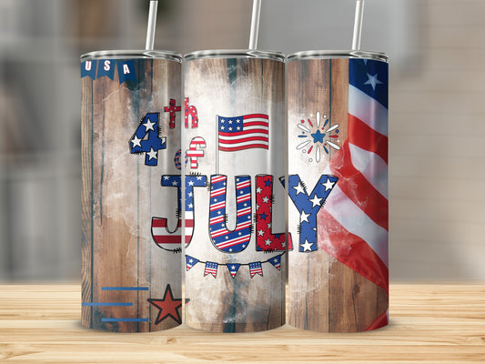 Three patriotic 4th of July tumblers with wood grain and flag designs.