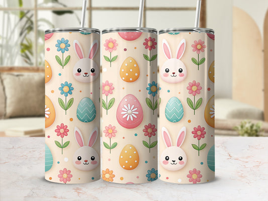 Easter-themed tumbler with bunnies, polka dot eggs, and flowers.