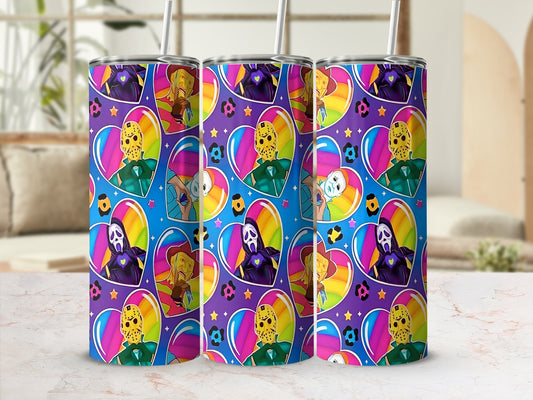Tumbler with cartoon horror characters in colorful hearts on a purple background.