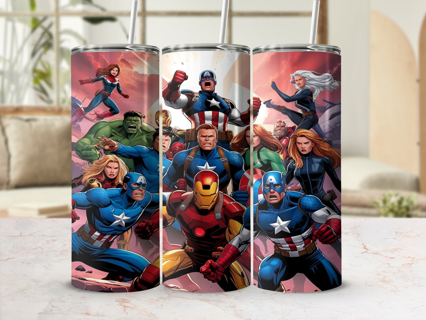 Marvel superheroes Captain America, Iron Man, Hulk, and Black Widow on tumblers.