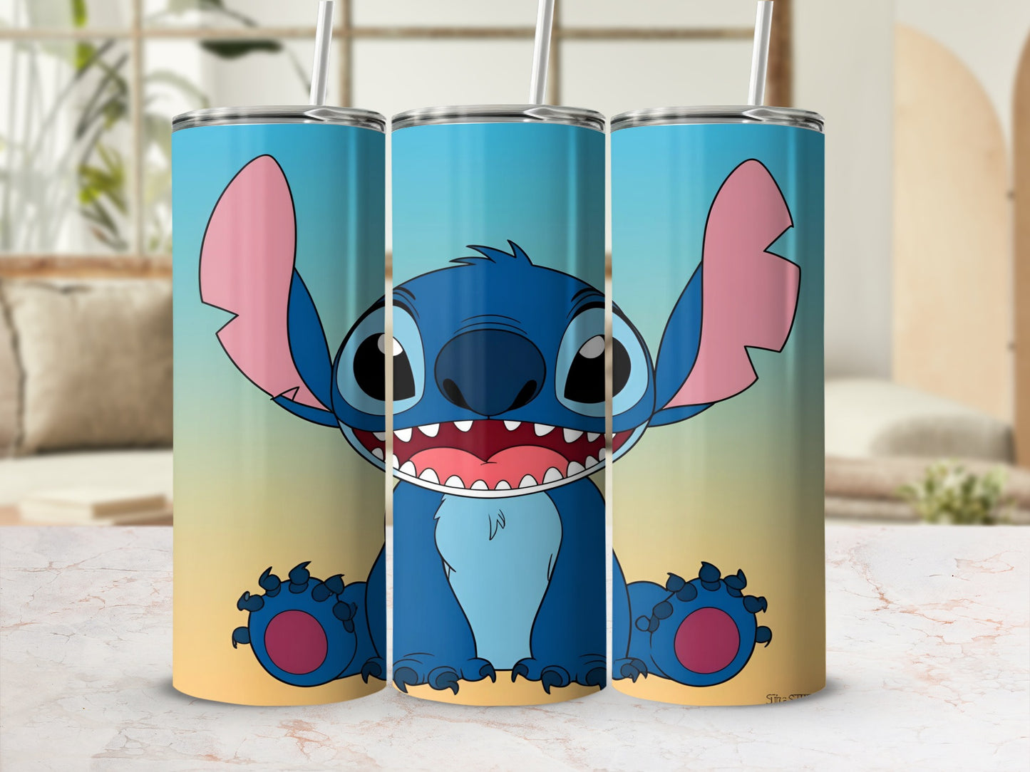 Blue Stitch character smiling on a tall, blue and yellow gradient tumbler.