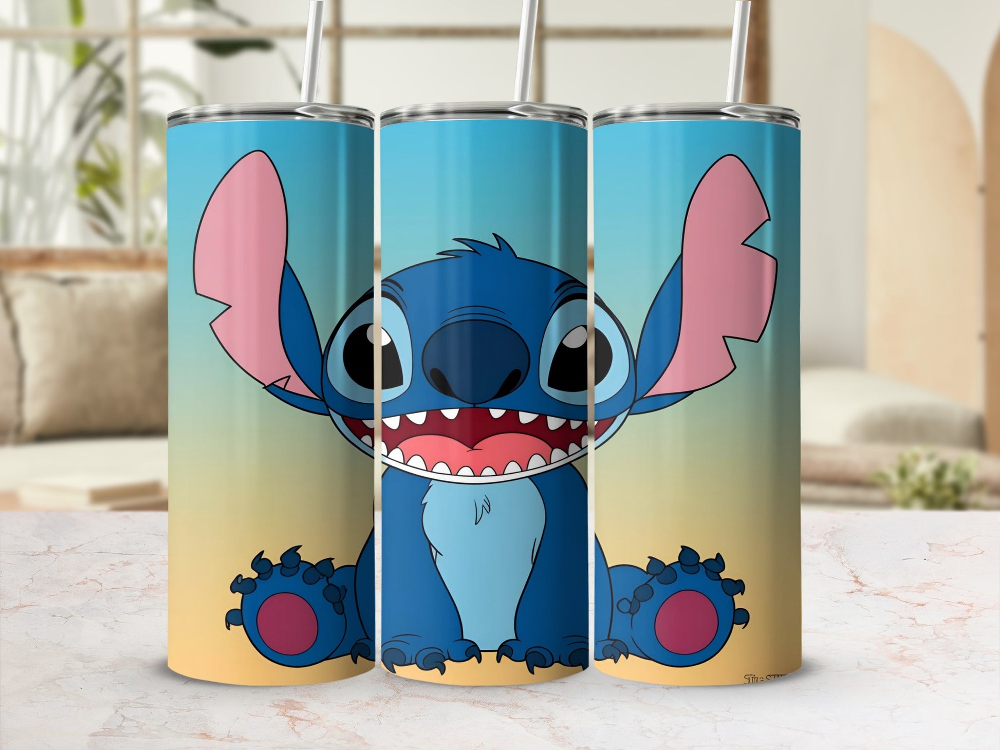 Blue Stitch character smiling on a tall, blue and yellow gradient tumbler.