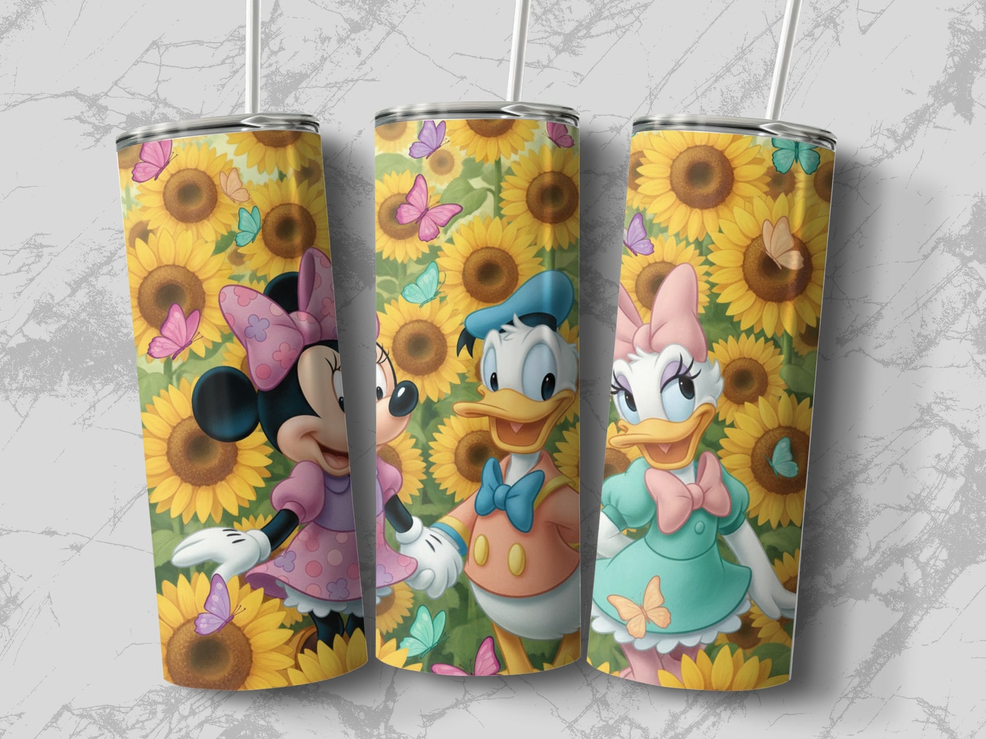 Cute Disney Characters with Sunflowers Tumbler
