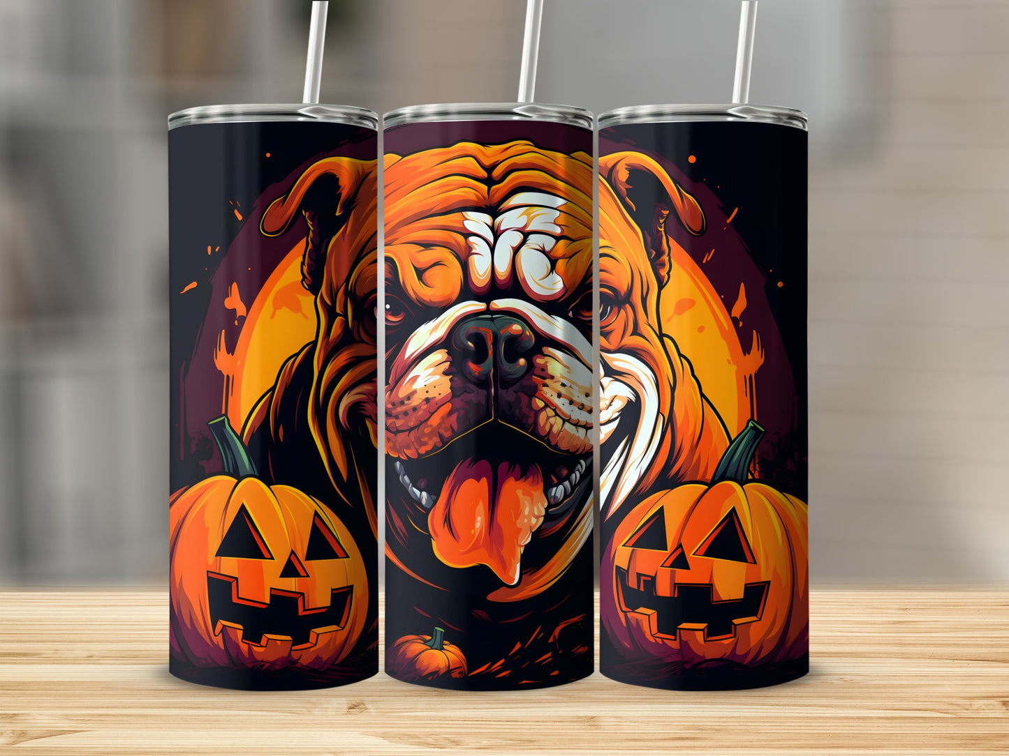 Bulldog and jack-o'-lantern graphic on three tumblers with straws.