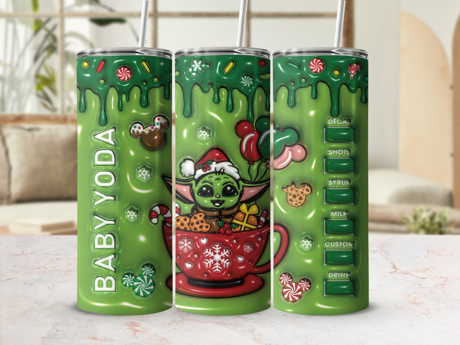 Green Baby Yoda Christmas Tumbler with Straw Flask