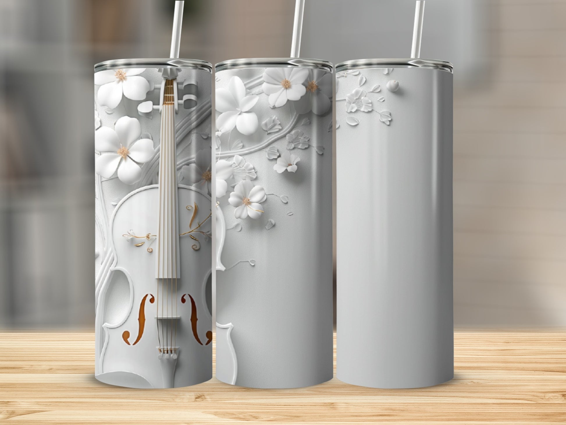 White tumbler with embossed floral and violin design.