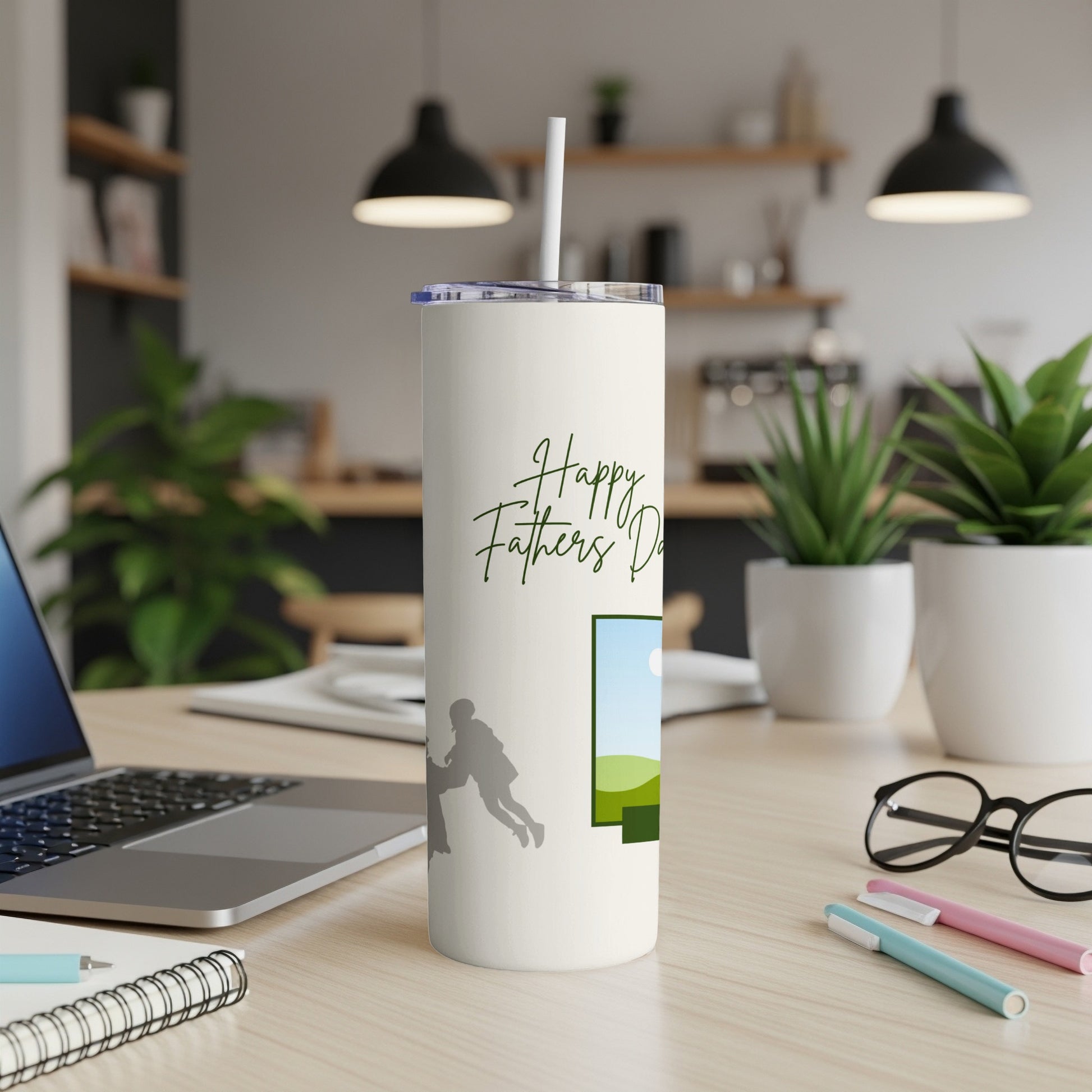 White tumbler with "Happy Father's Day" text and silhouetted figures.