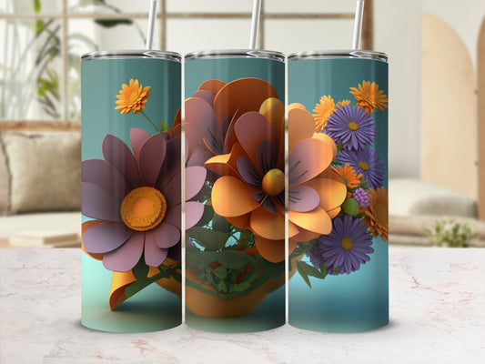 Floral pattern tumblers with purple and orange flowers and green leaves.