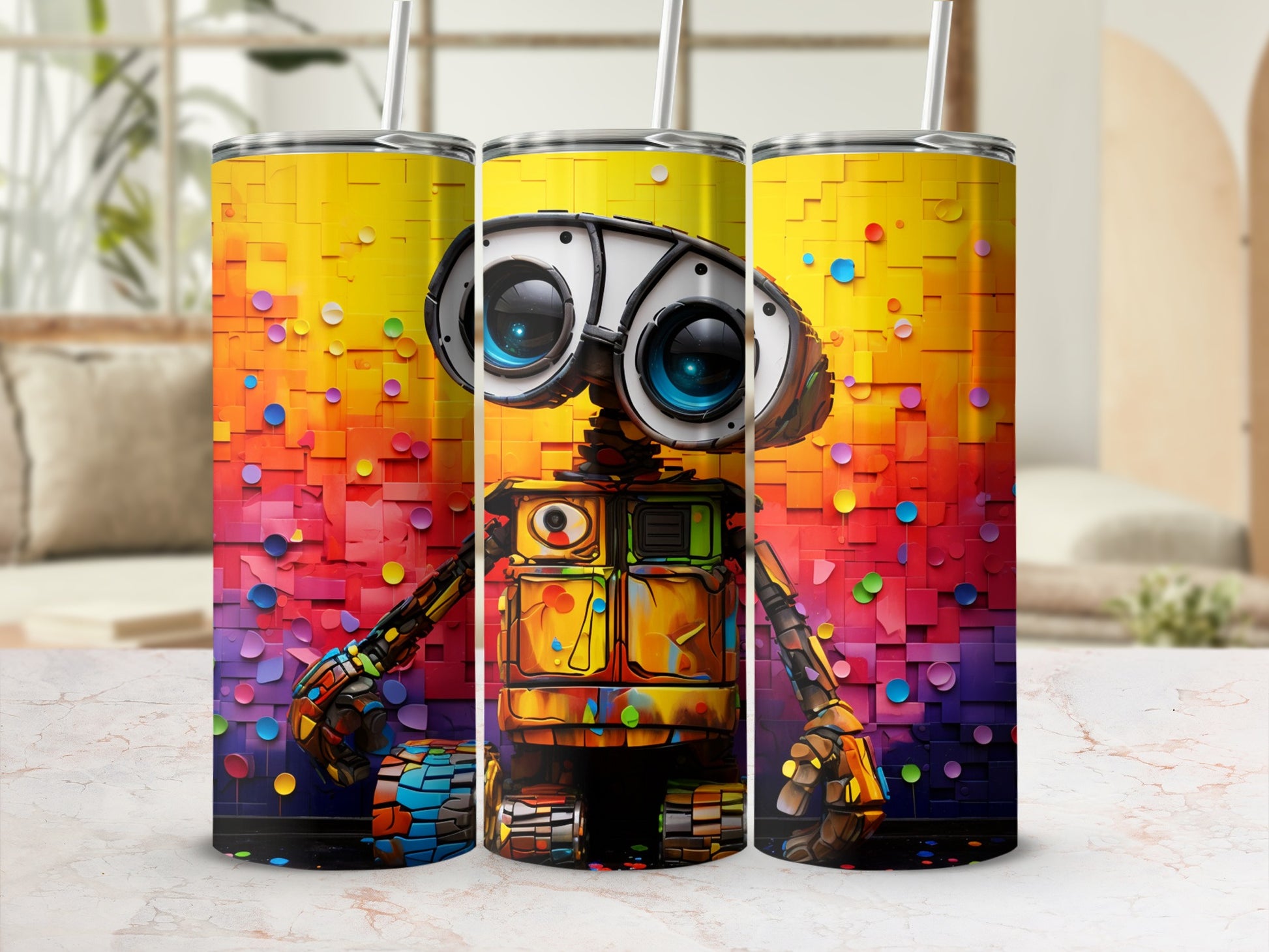 Colorful Robot with Geometric Background Tumbler