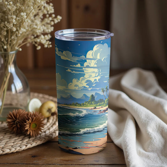 Artistic Tumbler Depicting Scenic Beach Landscape