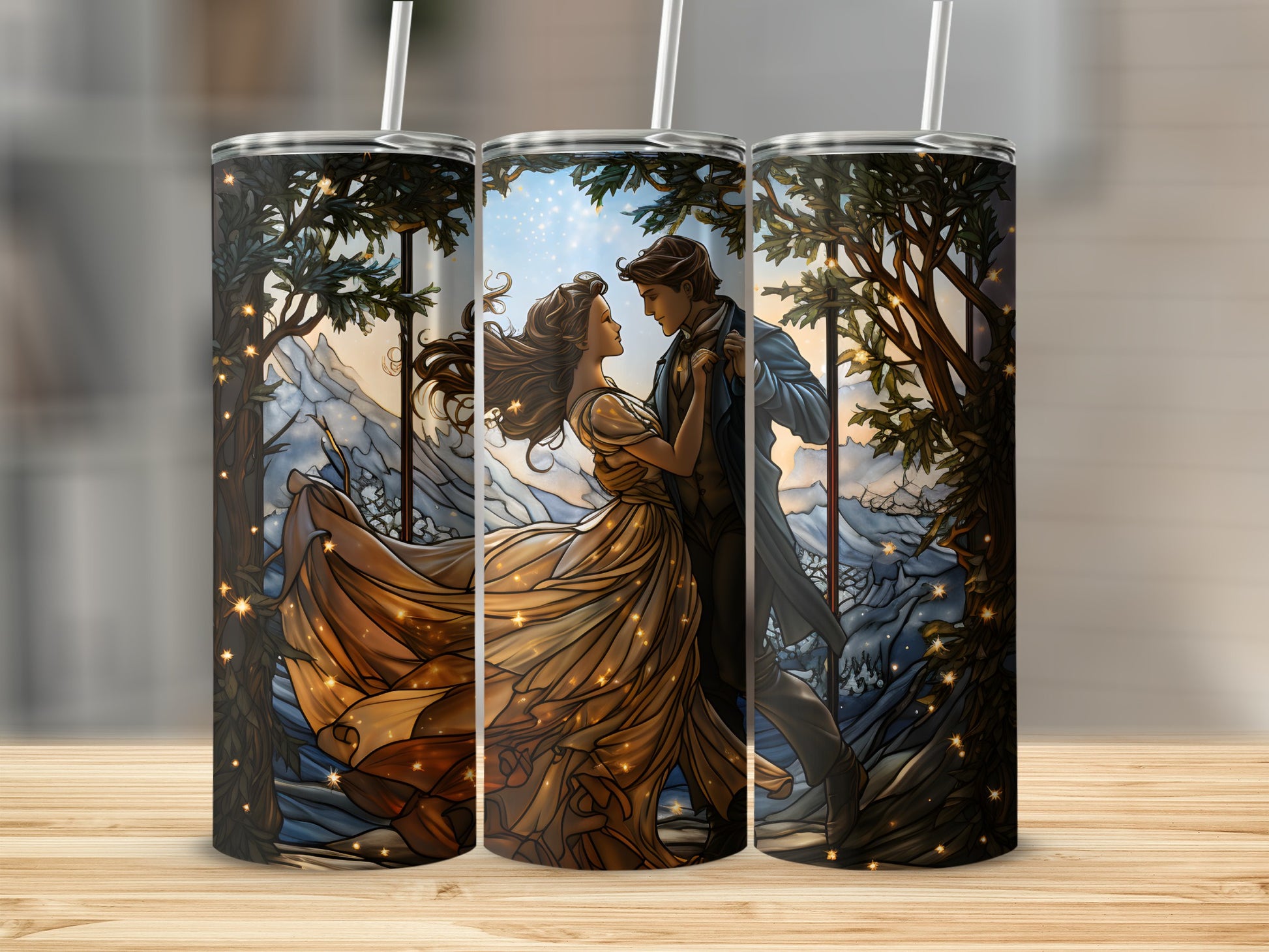 Couple dancing under a starry sky, framed by stained-glass trees and mountains.