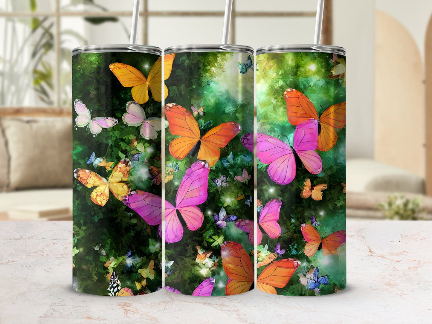 Tumbler with colorful butterflies and green foliage background.