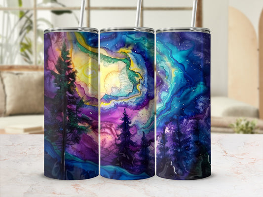 Three tumblers with a vibrant, starry night sky and pine tree design.