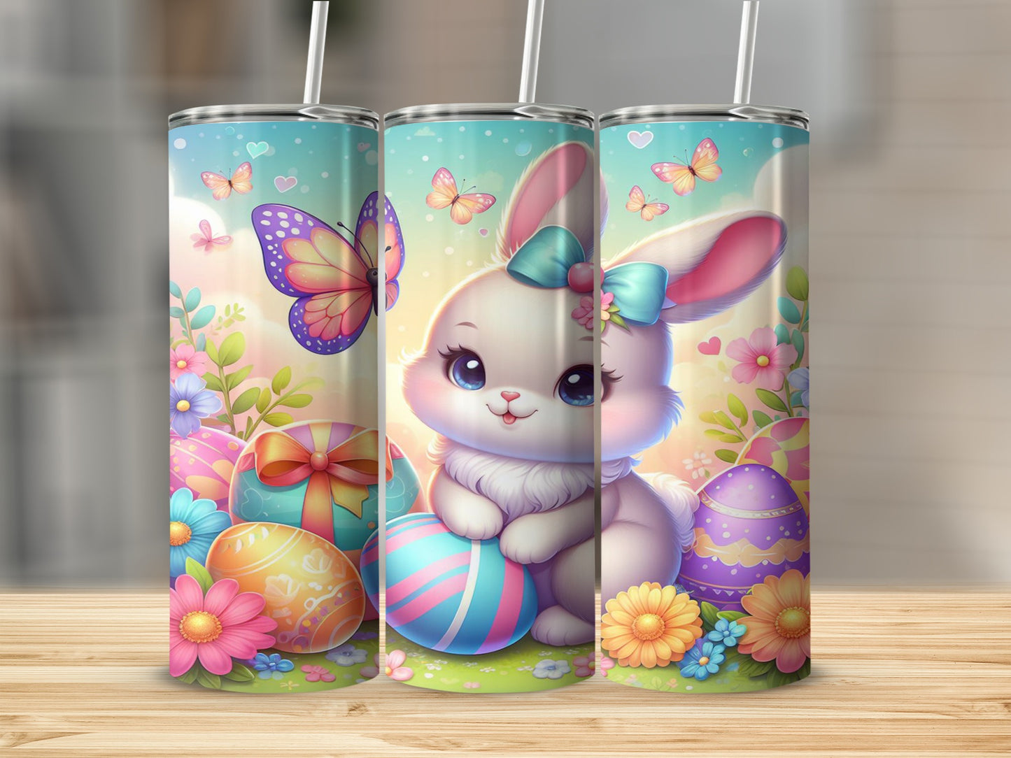 Easter bunny with colorful eggs and butterflies in a floral meadow.