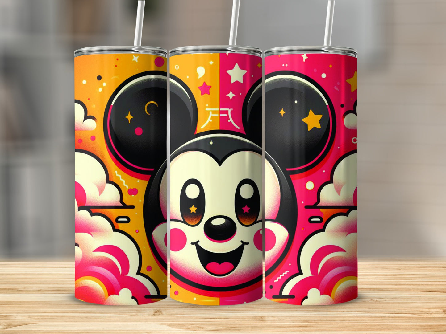 Three Mickey Mouse tumblers with starry clouds and bright colors.