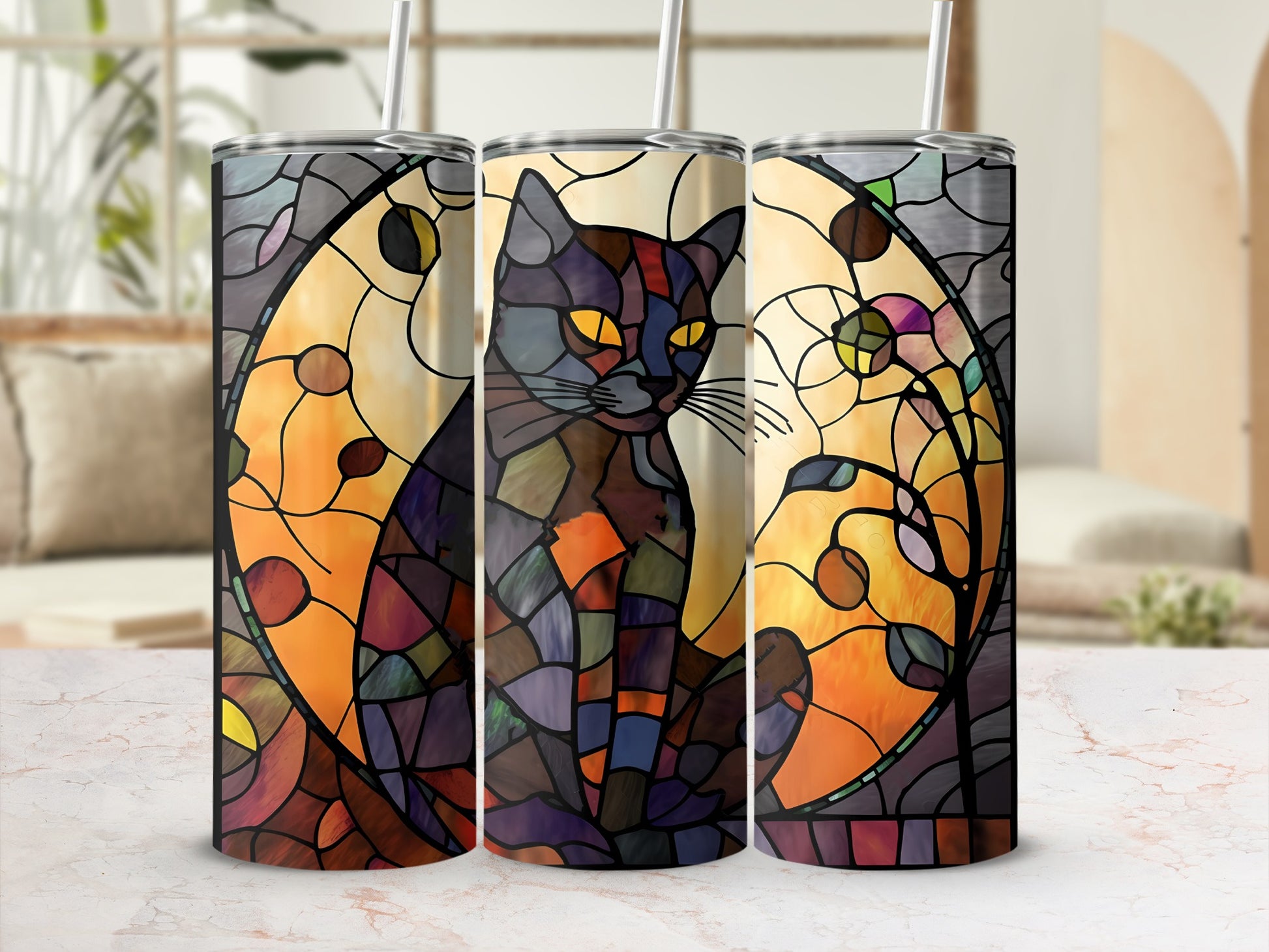 Stained glass tumbler featuring a black cat with yellow eyes and a colorful mosaic sun.