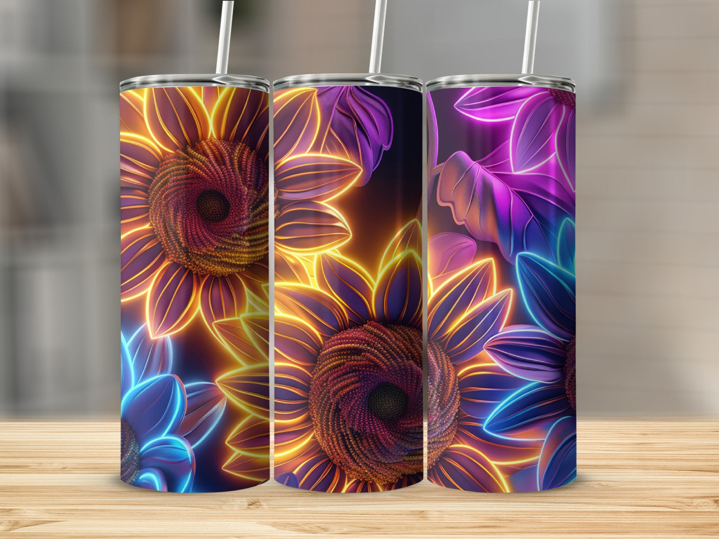 Three tumblers with neon sunflower designs in blue, purple, and orange hues.