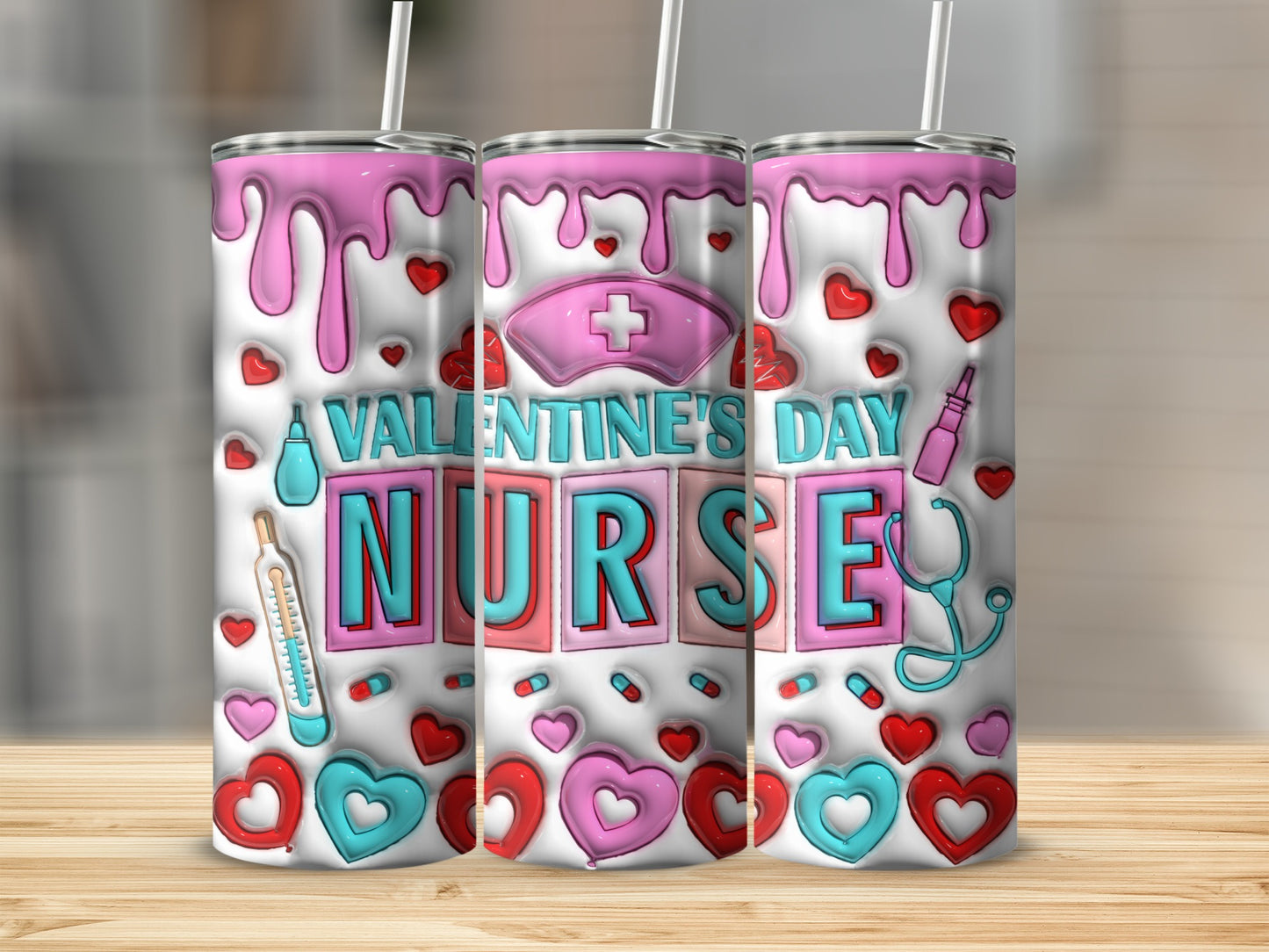 Valentine's Day Nurse tumbler with hearts and medical symbols.