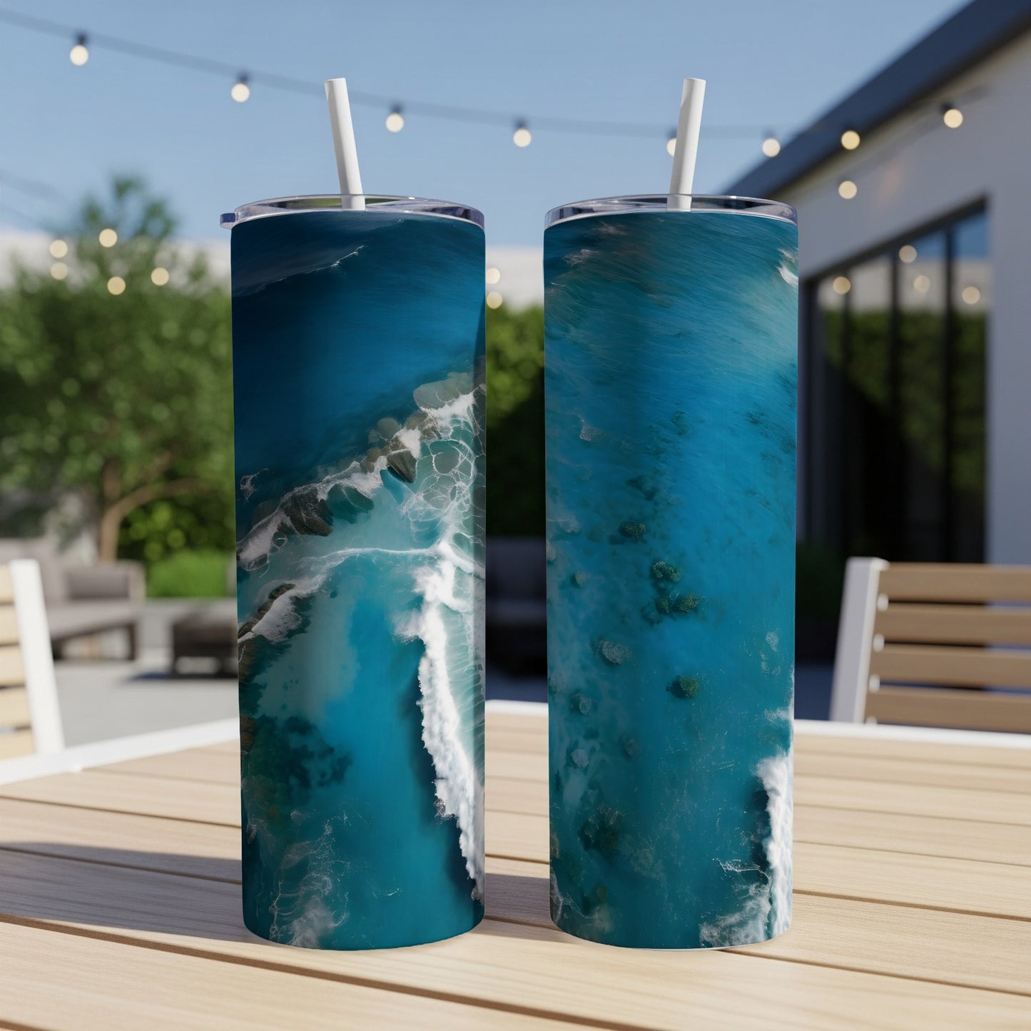 Two tumblers with aerial ocean wave and coral reef design.