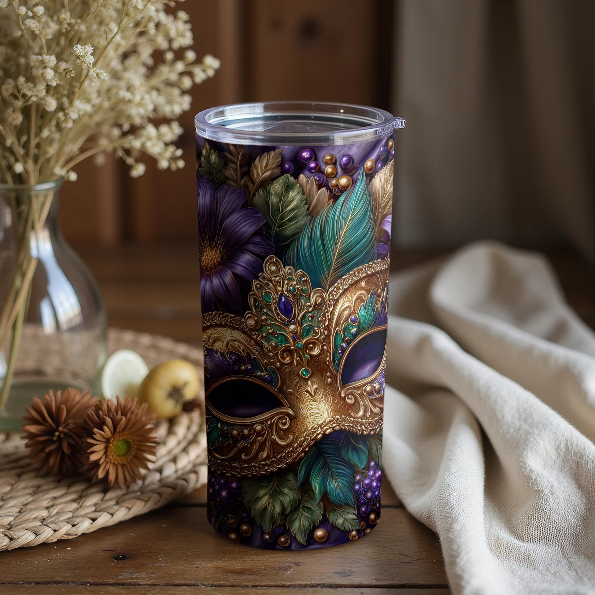Elegant Floral Mask Design Tumbler for Stylish Drinks