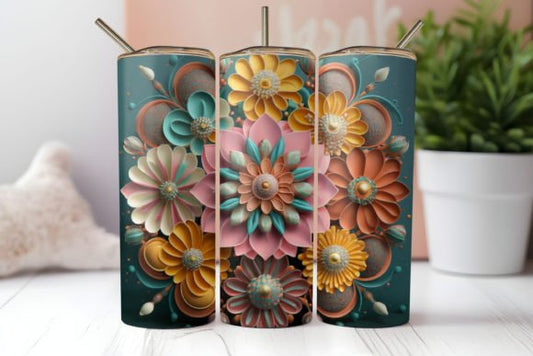 Dark Green, pink, and orange flower tumbler