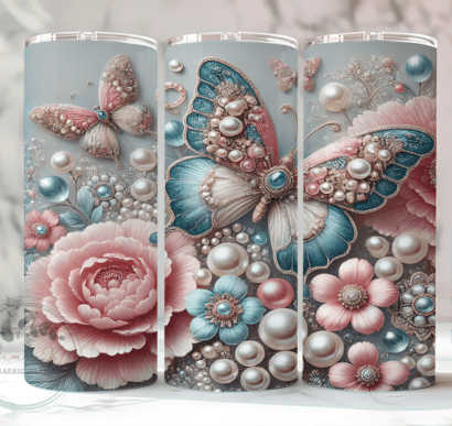 Vintage Pink and Teal Butterflies with pearls tumbler
