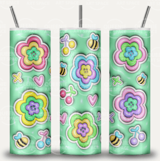 Green 3D Puff with flowers Tumbler