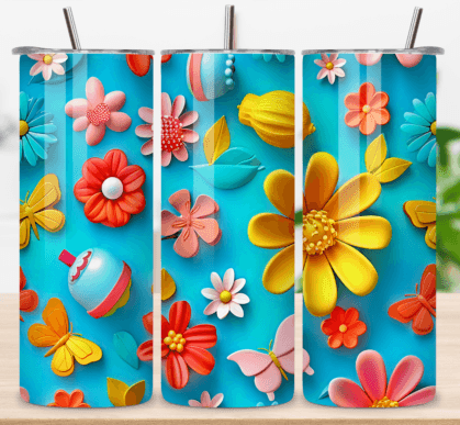 Bright Blue, pink, yellow, and orange flowers with butterflies