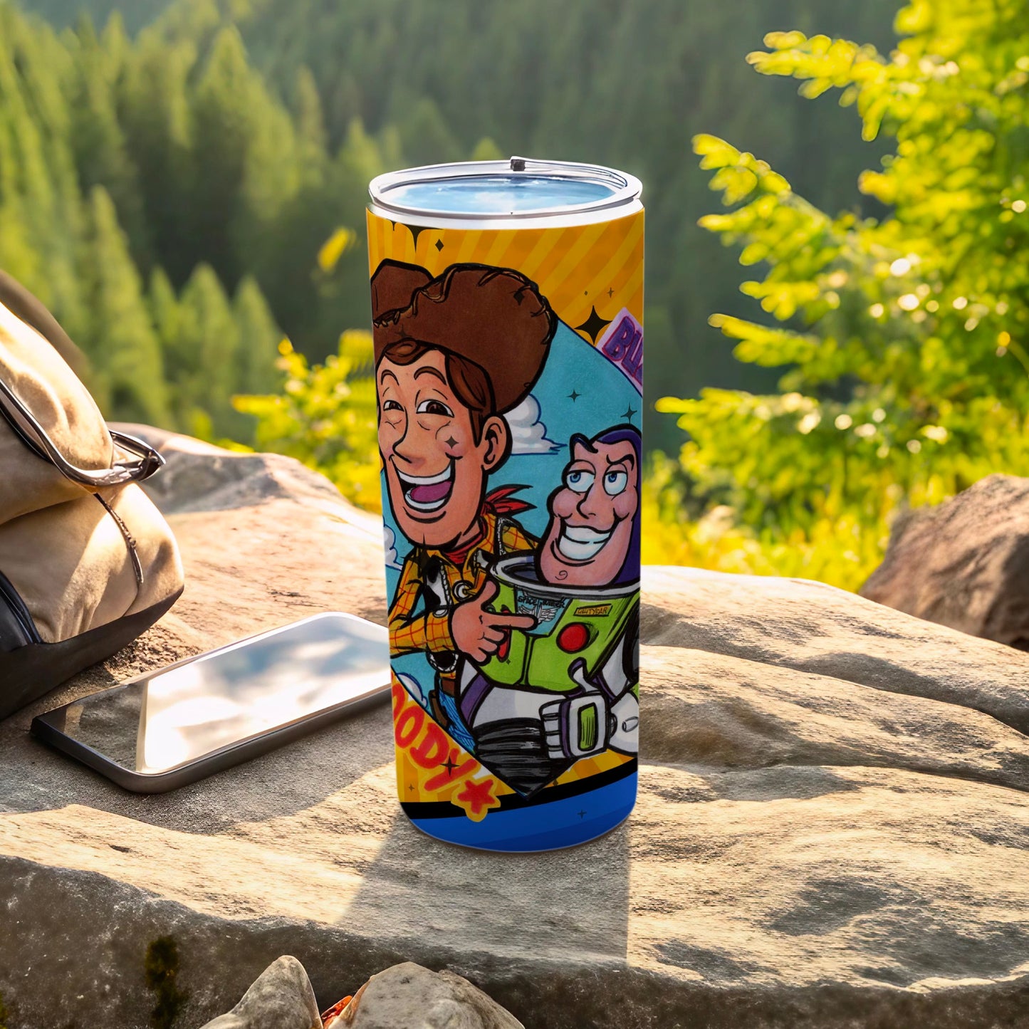 Colorful Woody and Buzz Travel Tumbler for Outdoor Adventures